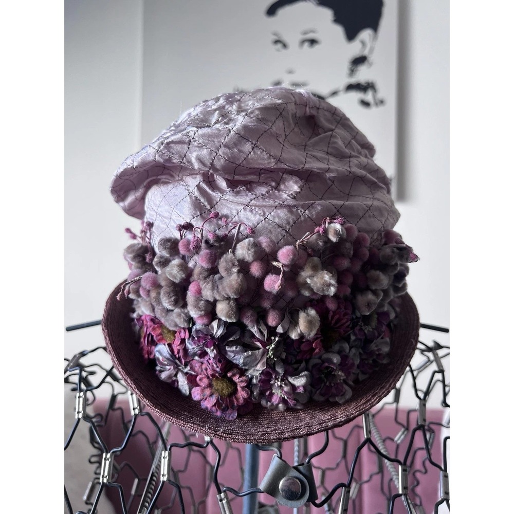 Vintage Lavender Quilted Silk Floral Toque Hat Mauve Pom Pom‎ Mid Century Style